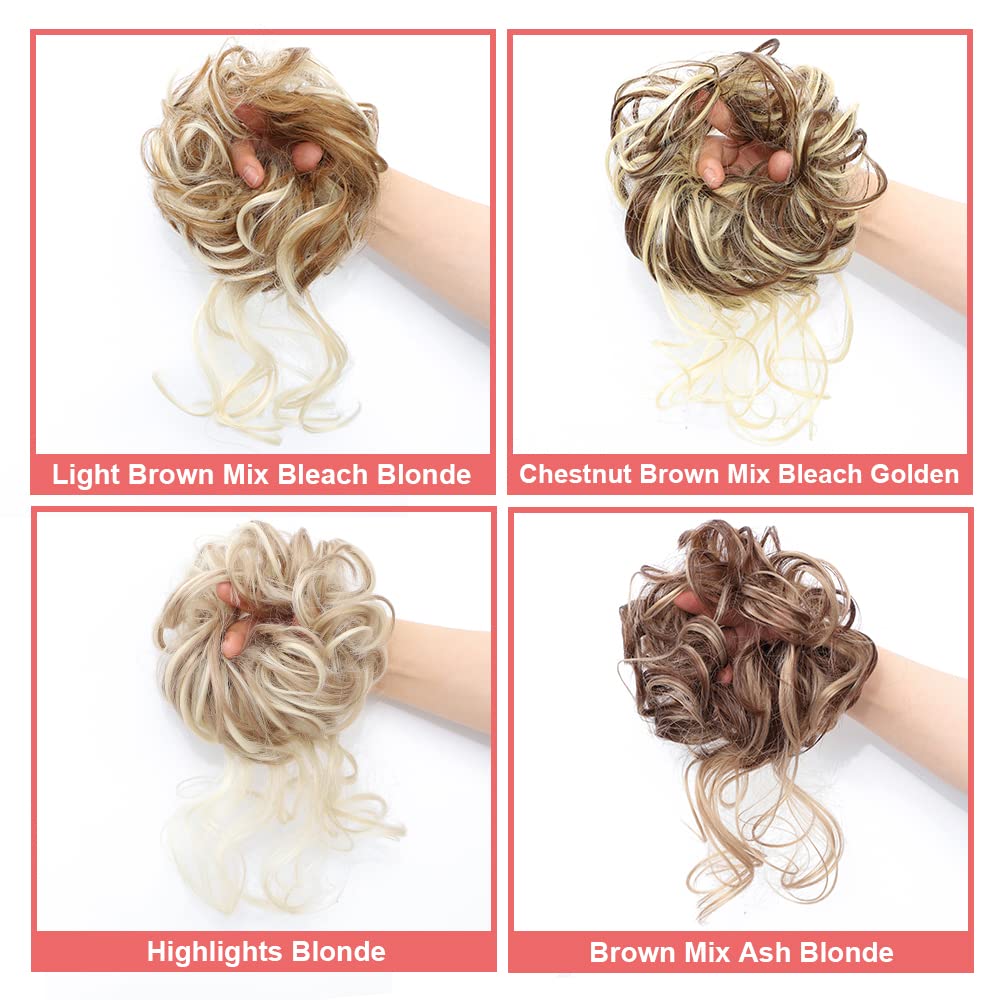 KETHBE Messy Bun Hair Piece Tousled Updo Hair Buns Extension Elastic Hair Band Hair Pieces Curly Hair Bun Scrunchie For Women (Highlights Blonde)