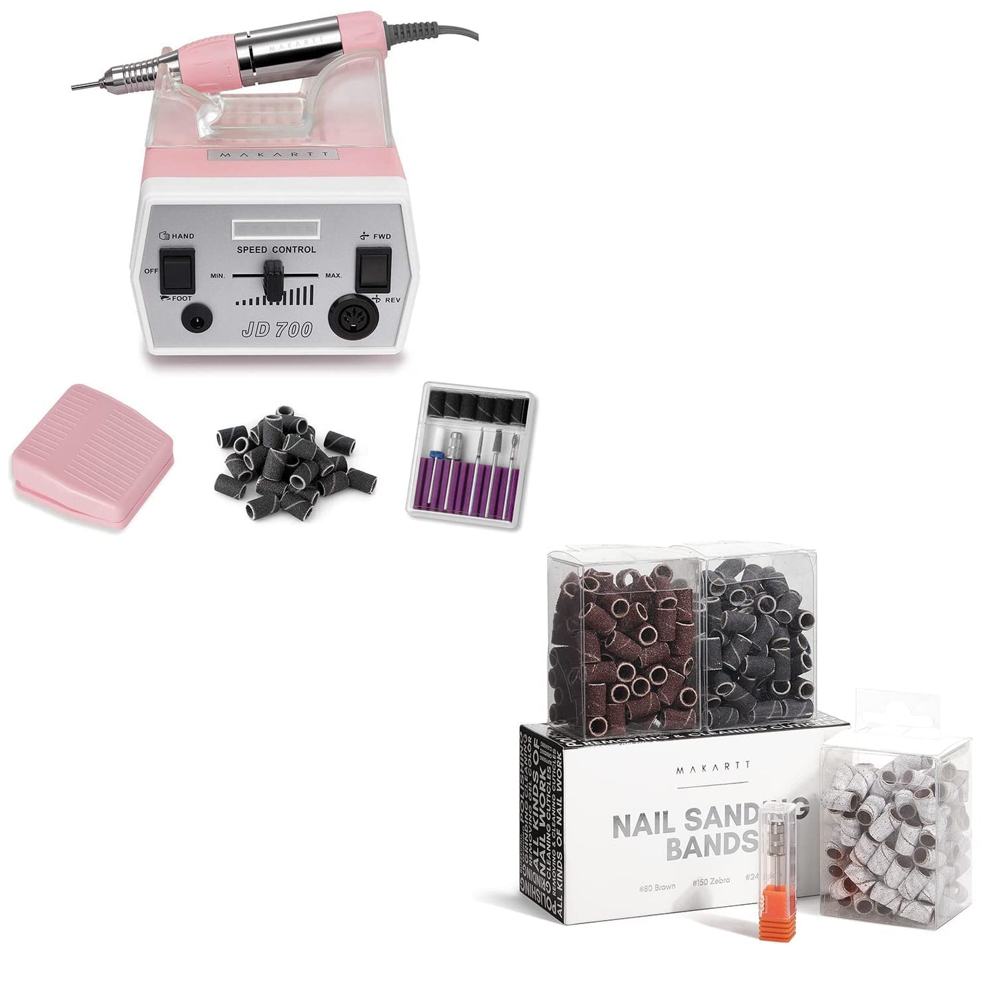 Makartt Nail Drill Portable Electric Nail File Machine Geneviere E File Pink JD700 Professional 30000RPM Manicure Drill Bundle with 300Pcs #80#150#240 Grits Nail Drill Bits Sanding Bands