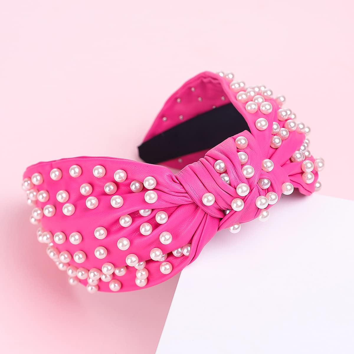 FEDANS Pearly Knotted Women Pink Headband Luxury Jeweled Leather Beaded Embellished Top Hairband Fashion Elegant Ladies Hair Band