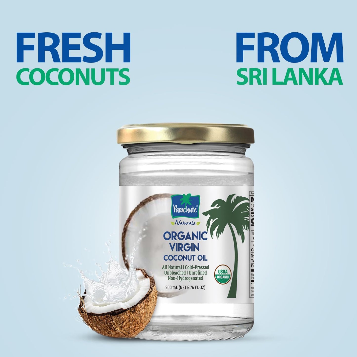 Parachute Naturalz Virgin Coconut Oil | 100% Organic Cooking Oil, Hair Oil and Skin Oil | Cold Pressed | USDA Certified |16 Fl. Oz | Glass Jar