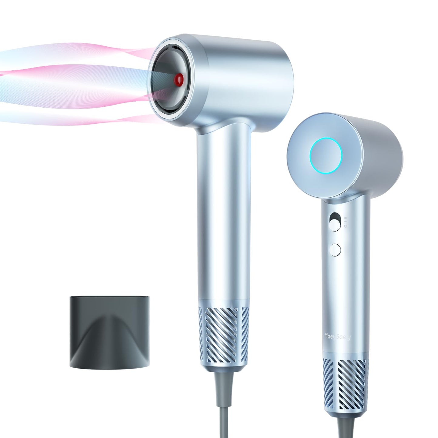 Hair Dryer New Upgrade, 1400 Watt Negative Ion Hair Dryer with Magnetic Nozzle, 110,000 RPM Brushless Motor, Negative Ion Indicator, Fast Dry, 4 Temperatures/2 Speeds, Low Noise for Home Travel,Silver