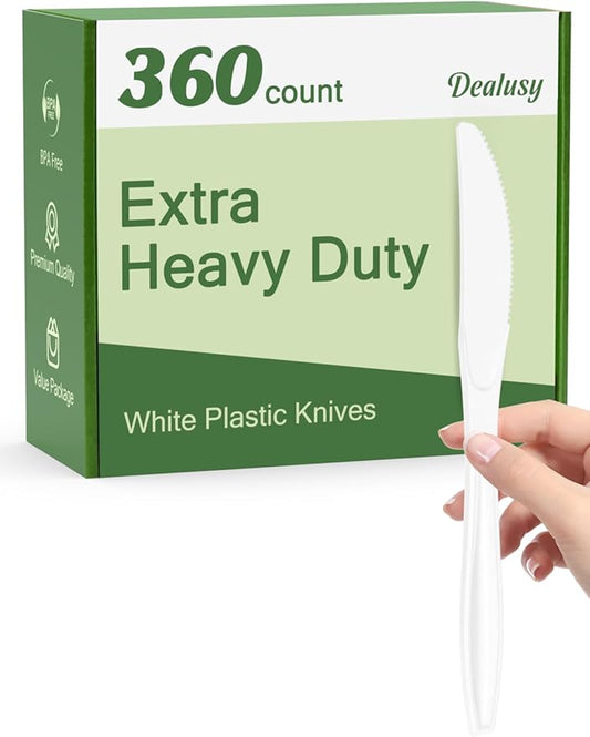 360 Count Extra Heavy Duty White Plastic Knives Disposable, BPA-Free, Heat Resistant, Solid and Durable Disposable Knives Bulk, Premium Plastic Knives heavy duty for Party Supply
