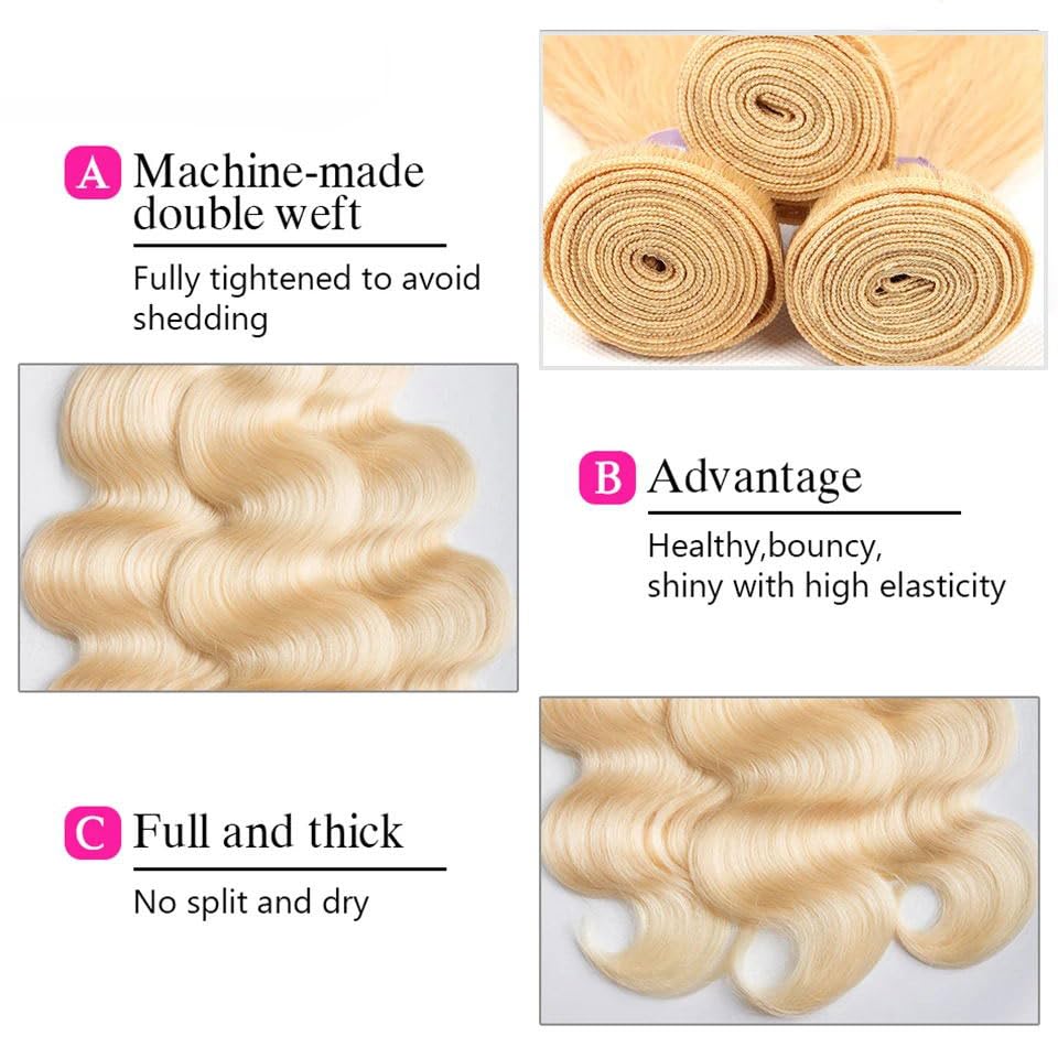 HC 613 Bundles 613 Blonde Bundles Brazilian Bundles 613 Blonde 100% Human Hair Bundles 613 Honey Blonde Weave Hair Extensions for Women (28inch, Single Body Wave Bundles)