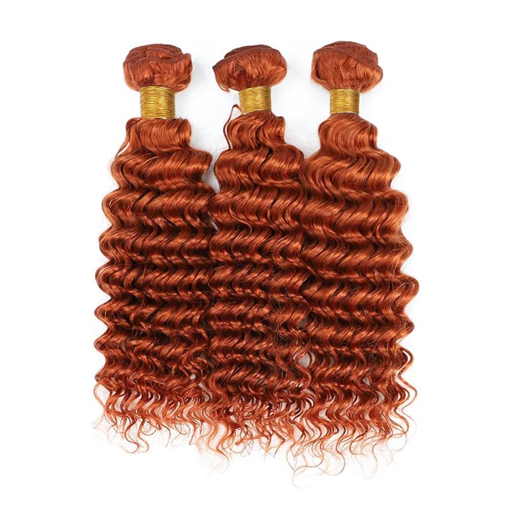 Burnt Orange Deep Curly Human Hair Bundles Color 350 Human Hair Bundles Double Weft Remy Hair Wet and Wavy Bundles Soft and Silky Ginger Deep Wave Bundles for Black Woman (14 16 18 inch,3 Bundles)