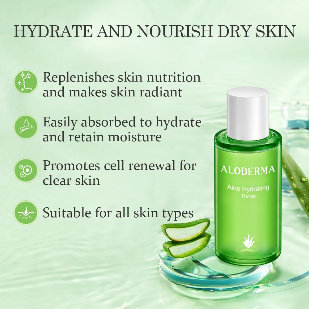 Aloderma Signature Aloe Hydrating Set - 5 Pieces - Aloe Vera Gel, Cleanser, Toner, Serum, Cream