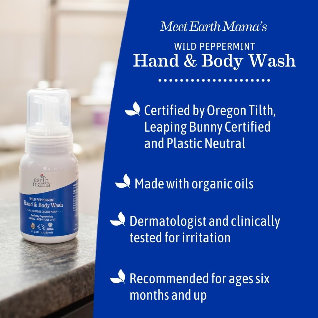 Earth Mama Wild Peppermint Hand & Body Wash | Foaming Castile Soap Liquid and Hand Soap, Made with Organic Wild Mint & Peppermint Oil, 34 fl oz (2-Pack)