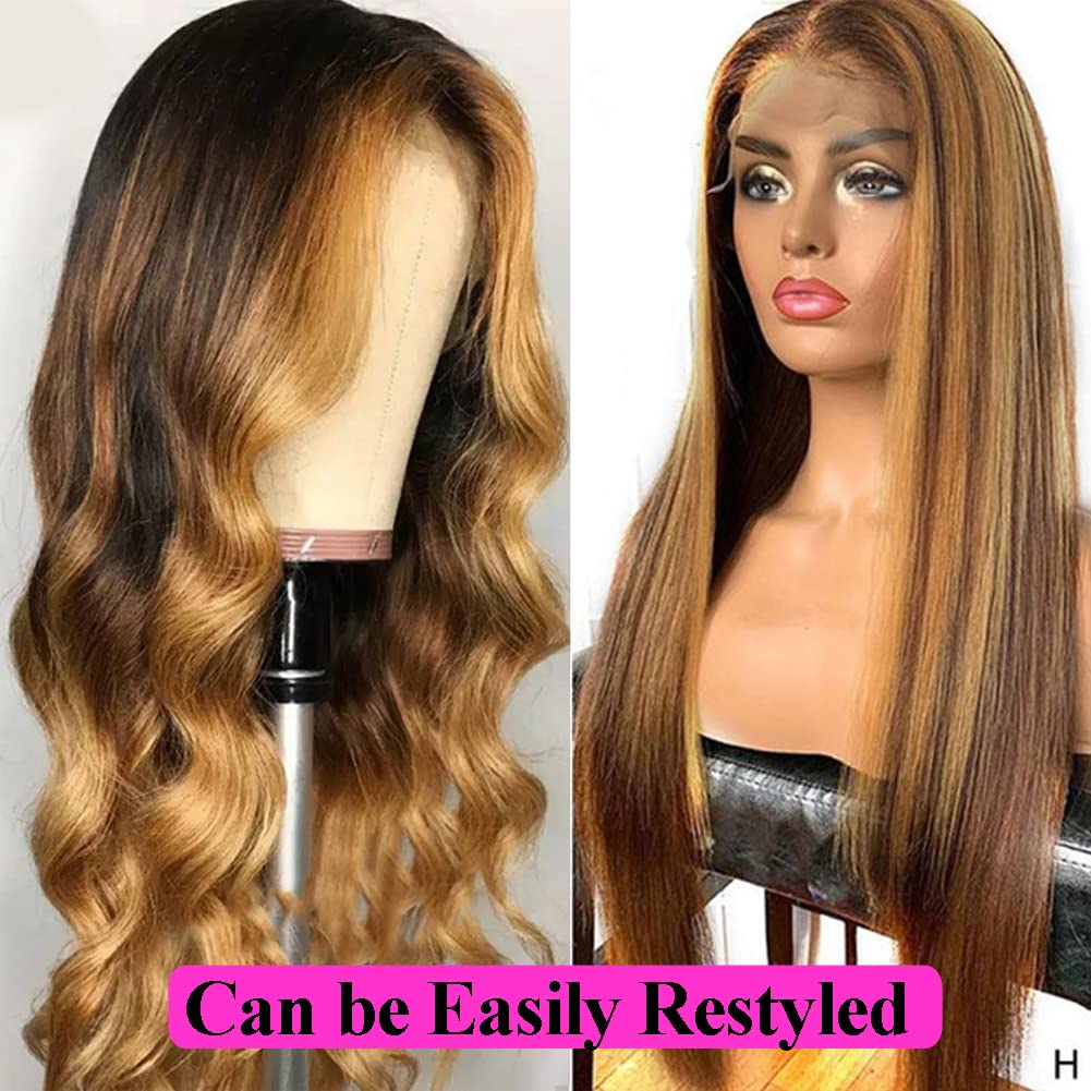 Healthair Ombre Lace Front Wigs Human hair Highlight 4/27 Honey Blonde Lace Front Wig 180% Density Straight Human Hair Wig 13x4 HD Transparent Lace Wigs for Black Women (4/27, 22inch)