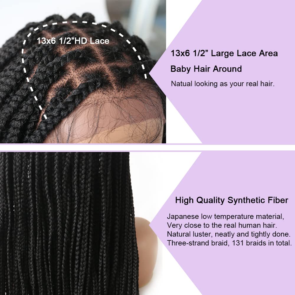Lace Braids Wigs For Black Women Swiss Lace Front Cornrow Box Braided Wig With Baby Hair Natural Looking Synthetic Fiber Lightweight Cornrow Micro Twist Braids Wigs (#1B Black)