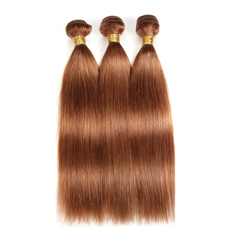 Color #30 Straight Weave Bundles Human Hair Light Brown Straight Bundles 8a Grade Double Weft Brazilian Remy Hair Extensions Soft and Silky for Black Women (20 22 24 Inch 3 Bundles)