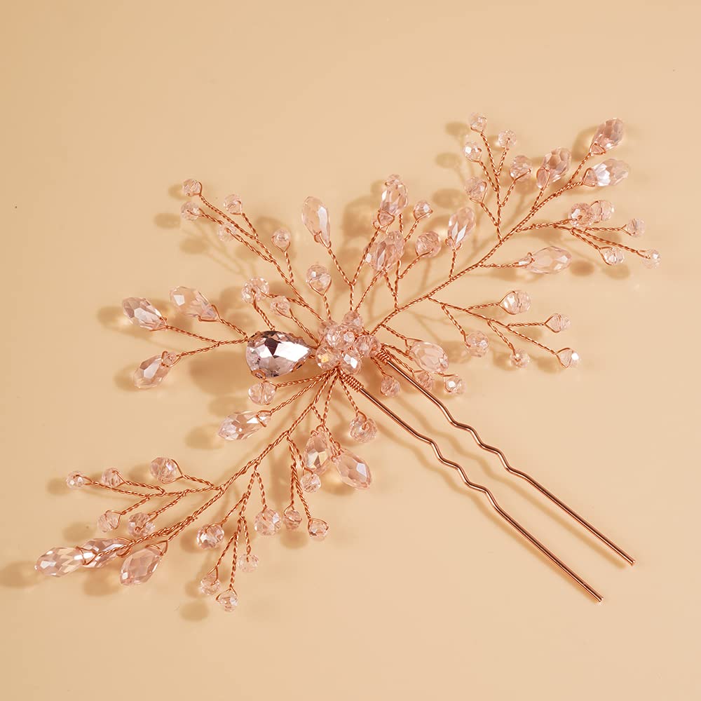 Teyglen Bridal Rhinestones Hair Pins Flower Crystals Wedding Hair Pins Set for Bride Hair Accessories Pink Black Purple Blue Rhinestones Hair Pieces for Women Girls(Rose gold)