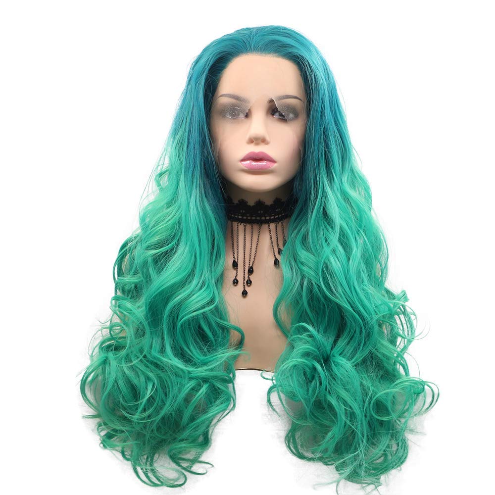 Long Green 2T Ombre Body Wave Synthetic Lace Front Wigs for Women Free Part Natural Hairline Glueless Wigs Light Green Ombre Green Body Wave Curly Heat Resistant Fiber Hair Replacement Wig Cosplay