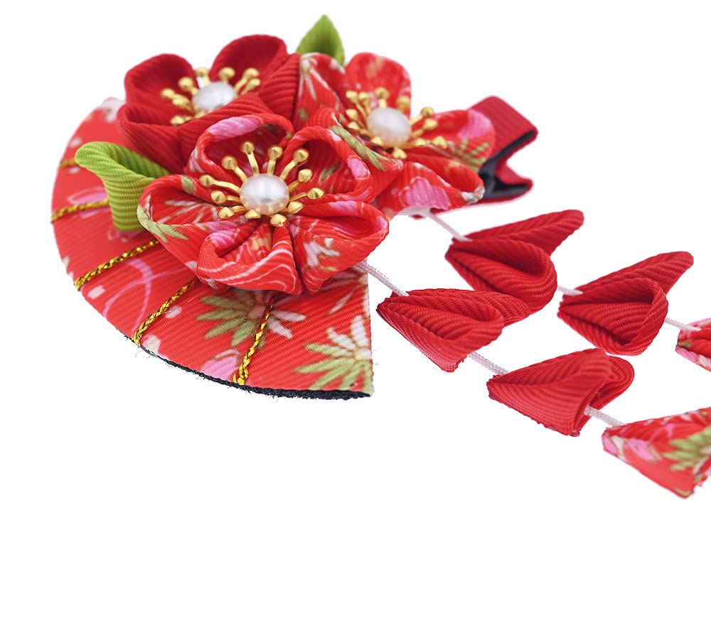 Japanese Style Women Flower Hair Clip Tassel Hair Ornament, Kimono Decor Fabric Hanfu Hairpin Accessories For Christmas Party Costume Gift (Red)