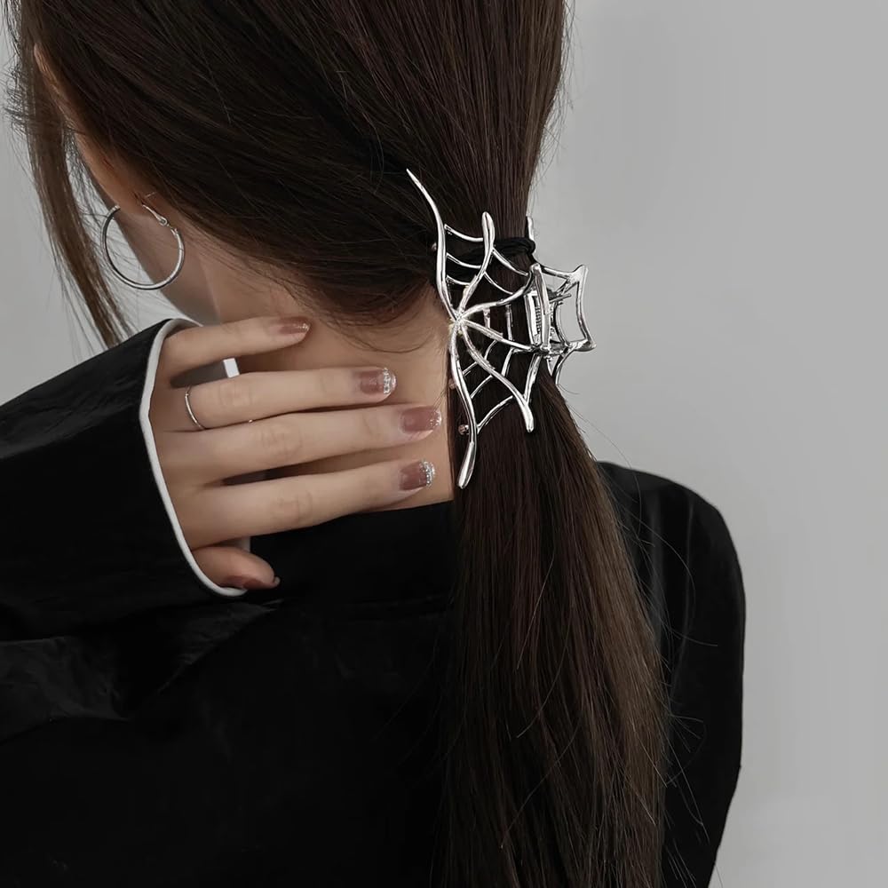 Metal Silver Hair Claw Clips - Spider Web Design for Thick or Thin Hair, Strong Hold for Cosplay Party Accessories (1Pc)