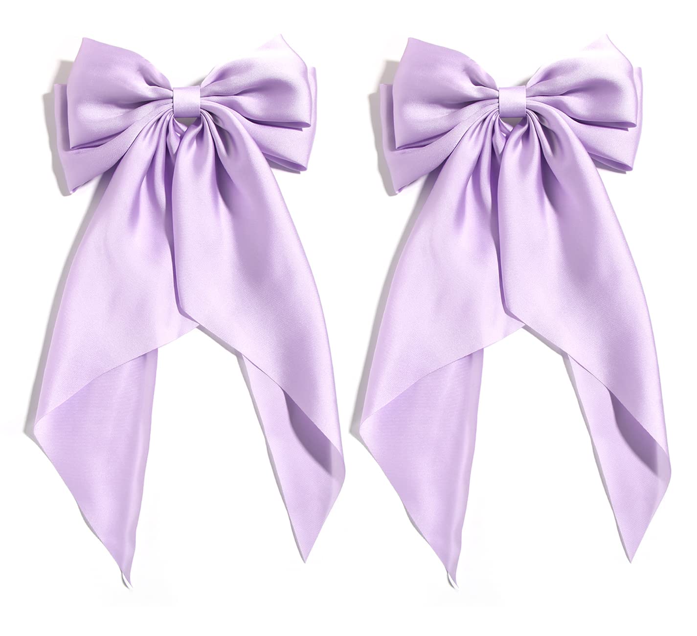 Furling Pompoms Hair Bows for Women, 2 Pack Large Satin Silky Bow Clips Lilac Ribbon Long Tail French Barrette Clamps Girls Purple Accessories Party Wedding