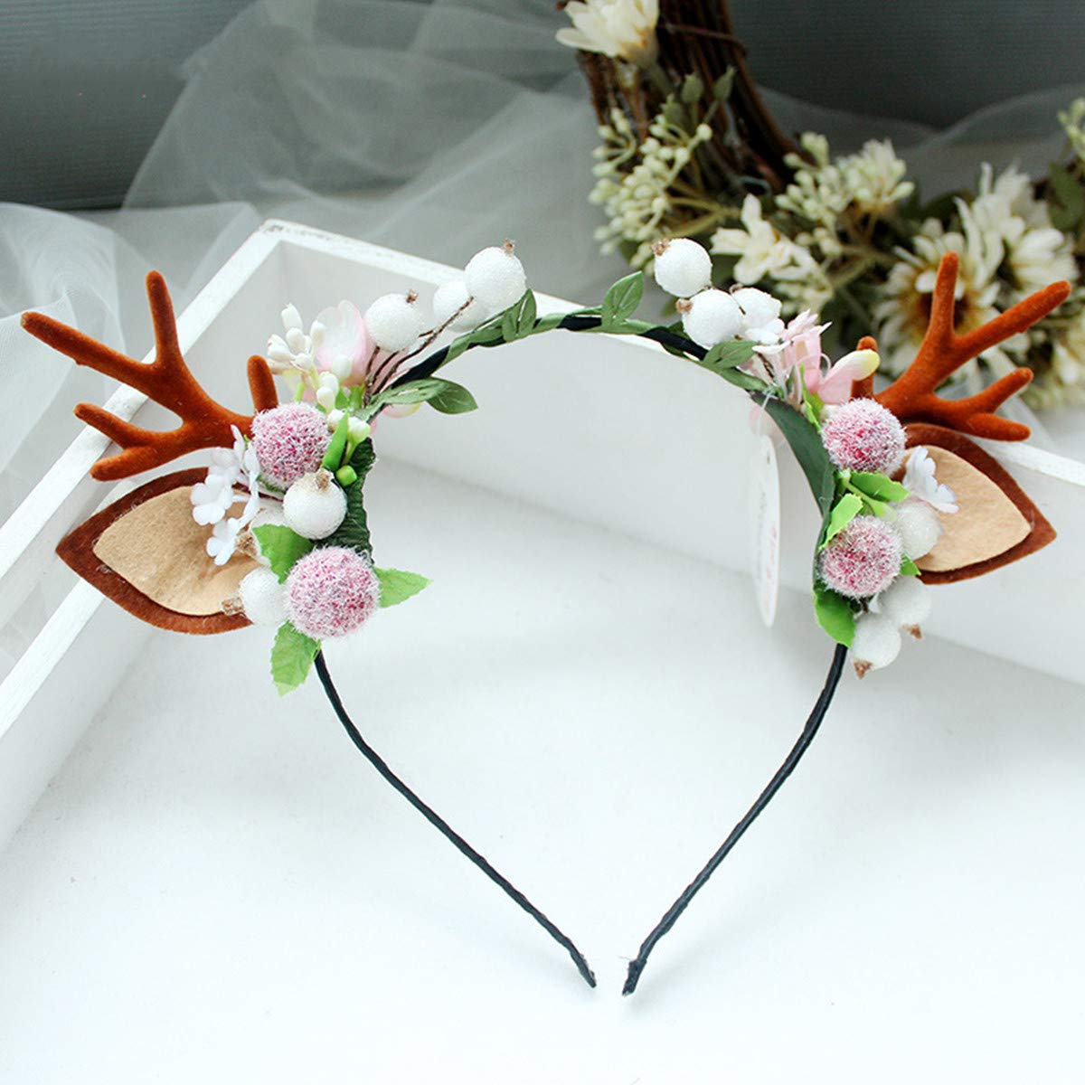 Fxaelian Christmas Elk Deer Fawn Horn Headband Reindeer Anlters Headbands Headpiece Hair Accessories Christmas Party Supplies Toys Gift Halloween Cosplay Supplies for Women Men