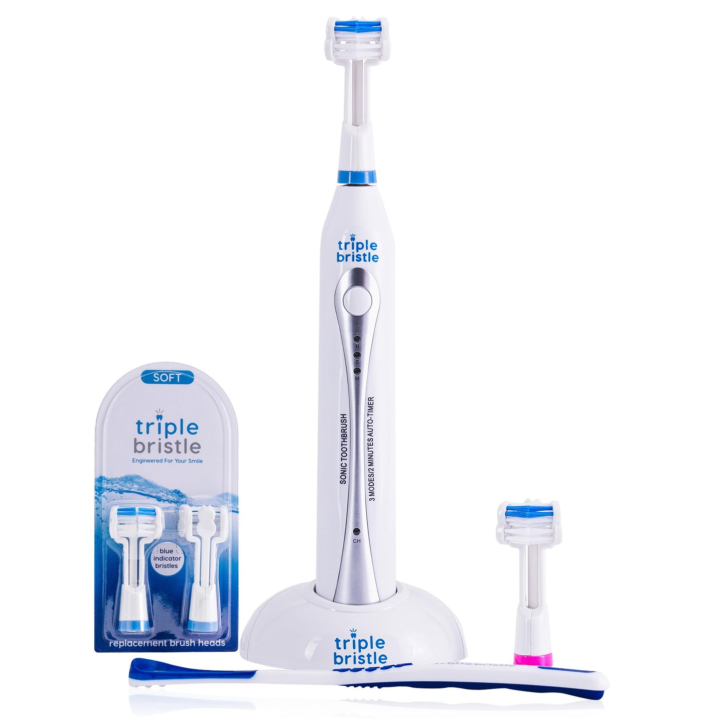 Triple Bristle Original Sonic Toothbrush + 3-Sided Replacement Brush Heads 2pk (Blue) Bundle