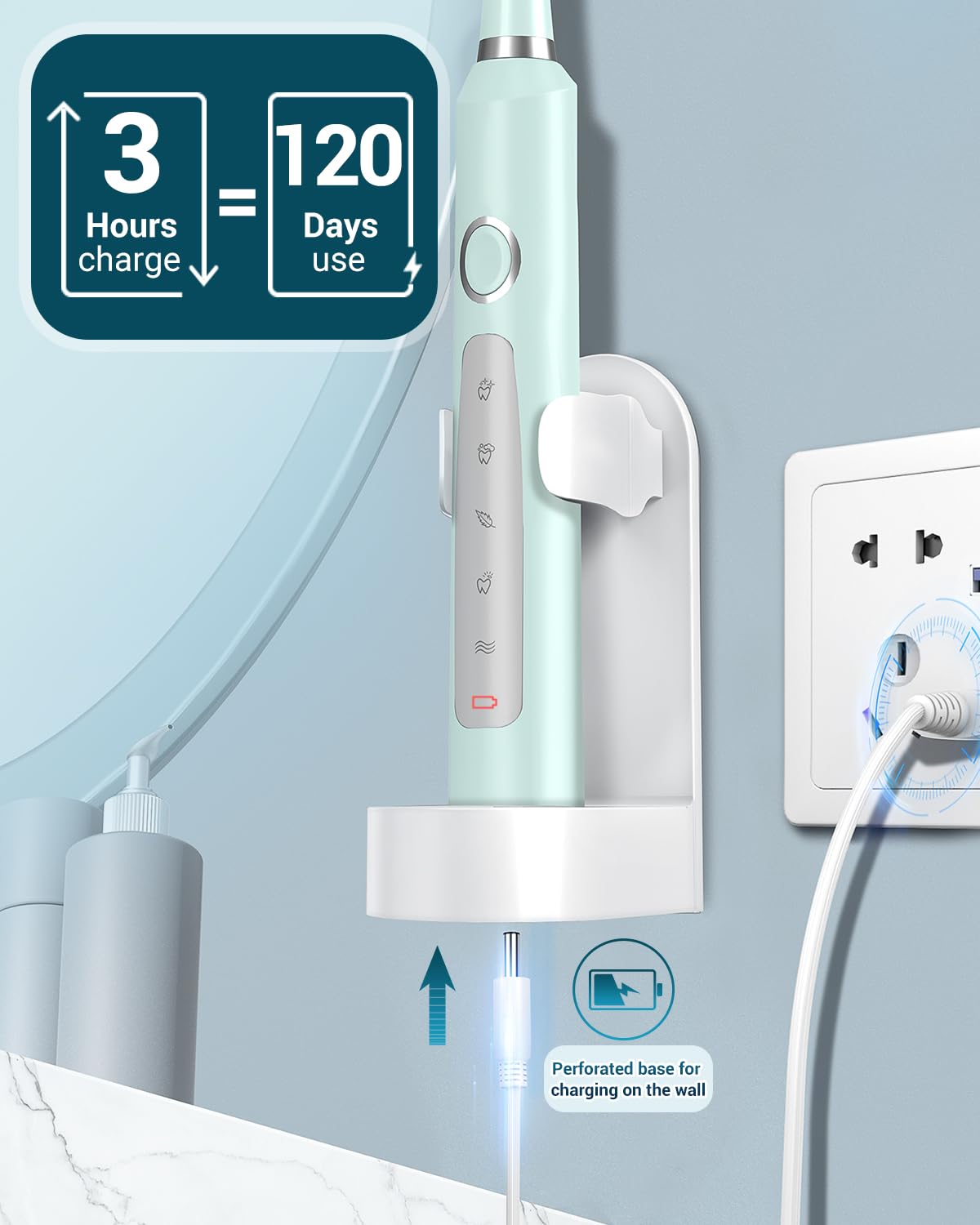 Rtauys M5 Sonic Electric Toothbrush for Adults and Kids - Rechargeable Electric Toothbrush Kids Ages 12+ and Adults with 8 Brush Heads & Travel Case, 120 Days Battery Life - Light Green