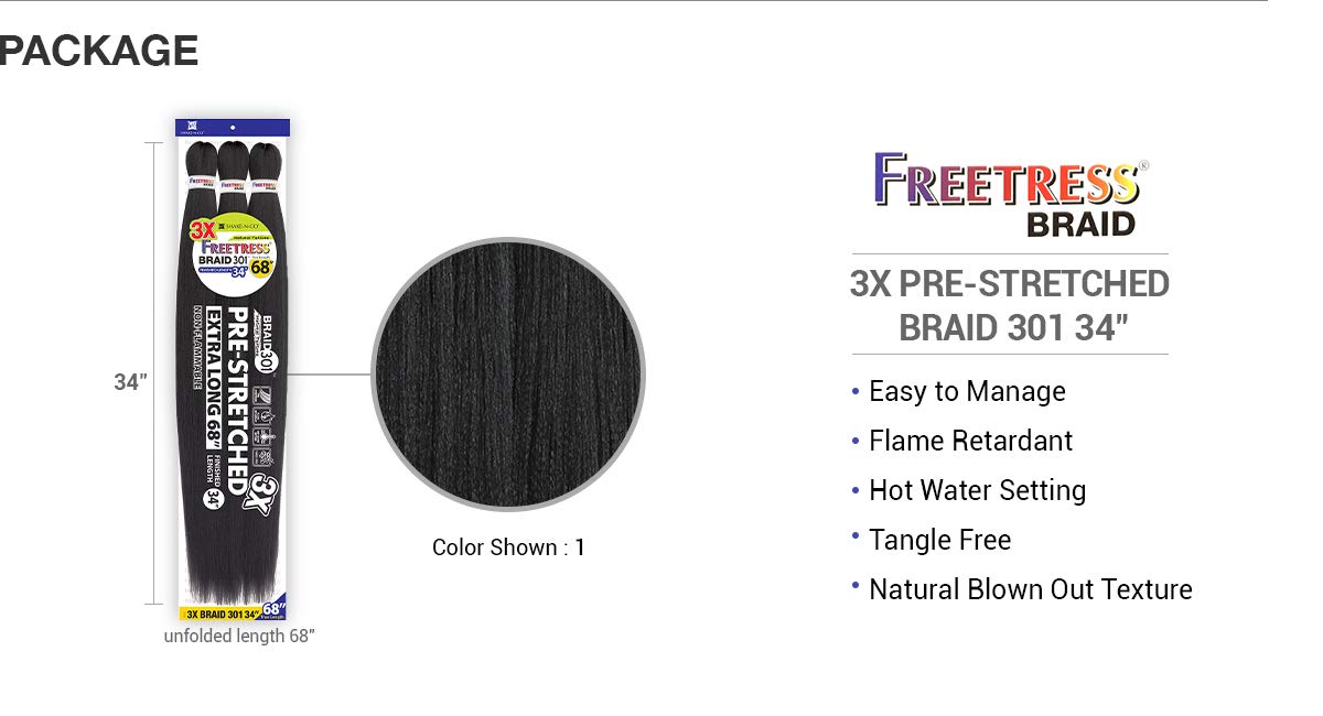 Freetress Braids Natural Texture Braids 3X Pre-Stretched Braid 301 34 inches (1-pack, T530)