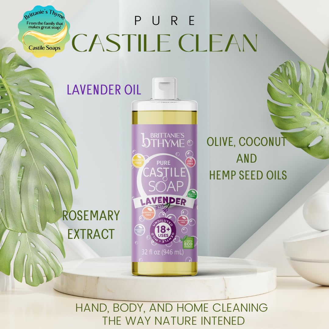 Brittanie's Thyme Pure Castile Liquid Soap Refill | For Hair & Body, Gentle and Pure, Made with Natural Luxurious Oils, Vegan & Gluten Free Non-GMO (Lavender, 32 oz (Pack of 2))