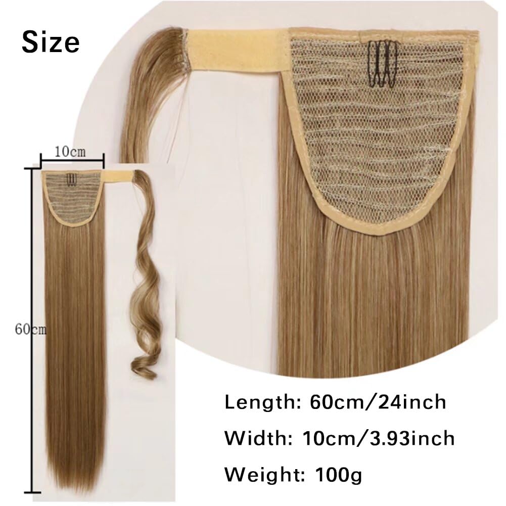 iLUU Clip in Ponytail Hair Extension Synthetic Wrap Around Long Straight Ponytail for Lady Women Girl 100g Darkest Brown Magic Paste Ponytail Hair Piece for Daily Use (24 Inch, 4A#)