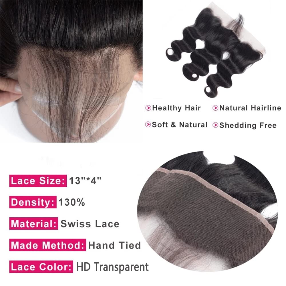 Ear To Ear 13x4 Transparent HD Lace Frontal Human Hair Brazilian Virgin Body Wave Lace Closures Human Hair With Baby Hair Free Part Pre Plucked Hairline 130% Density Brazilian Human Hair