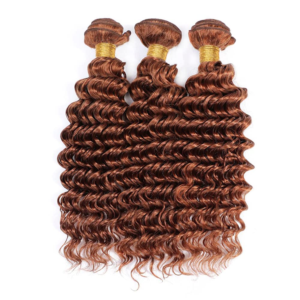 Color 30 Deep Wave Bundles Human Hair Light Brown Loose Deep Curly Bundles #30 Human Hair Bundles 24 26 28 inch Double Weft Brazilian Remy Hair Silky and Soft Weave Extensions For Black Woman