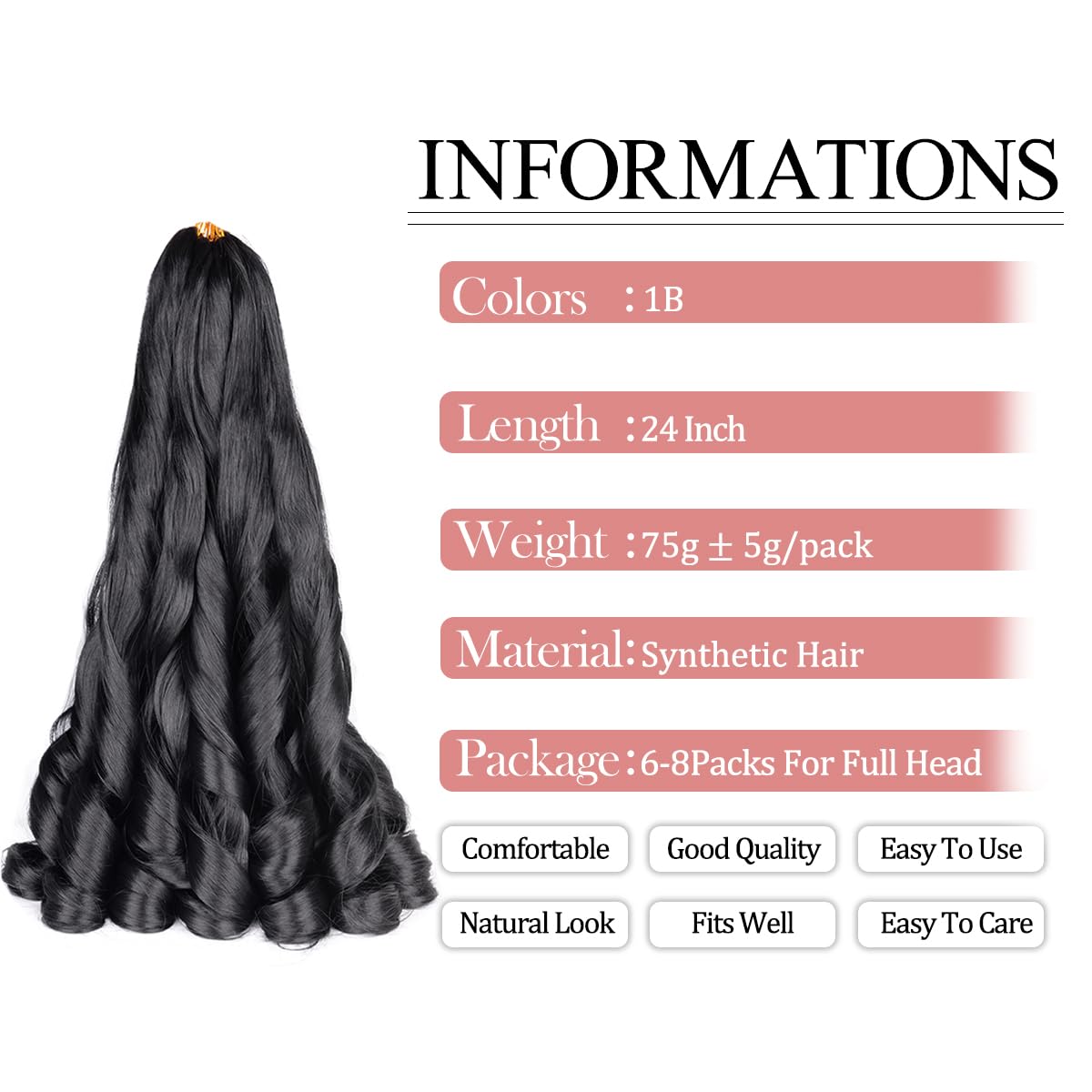 Luoyudu French Curl Braiding Hair 24 Inch 2 Packs Black Synthetic Loose Wave Bouncy Crochet Hair Pre Stretched 75g/pack Curly Braiding Hair for Black Women Hair Extensions (24inch,2packs,1B)