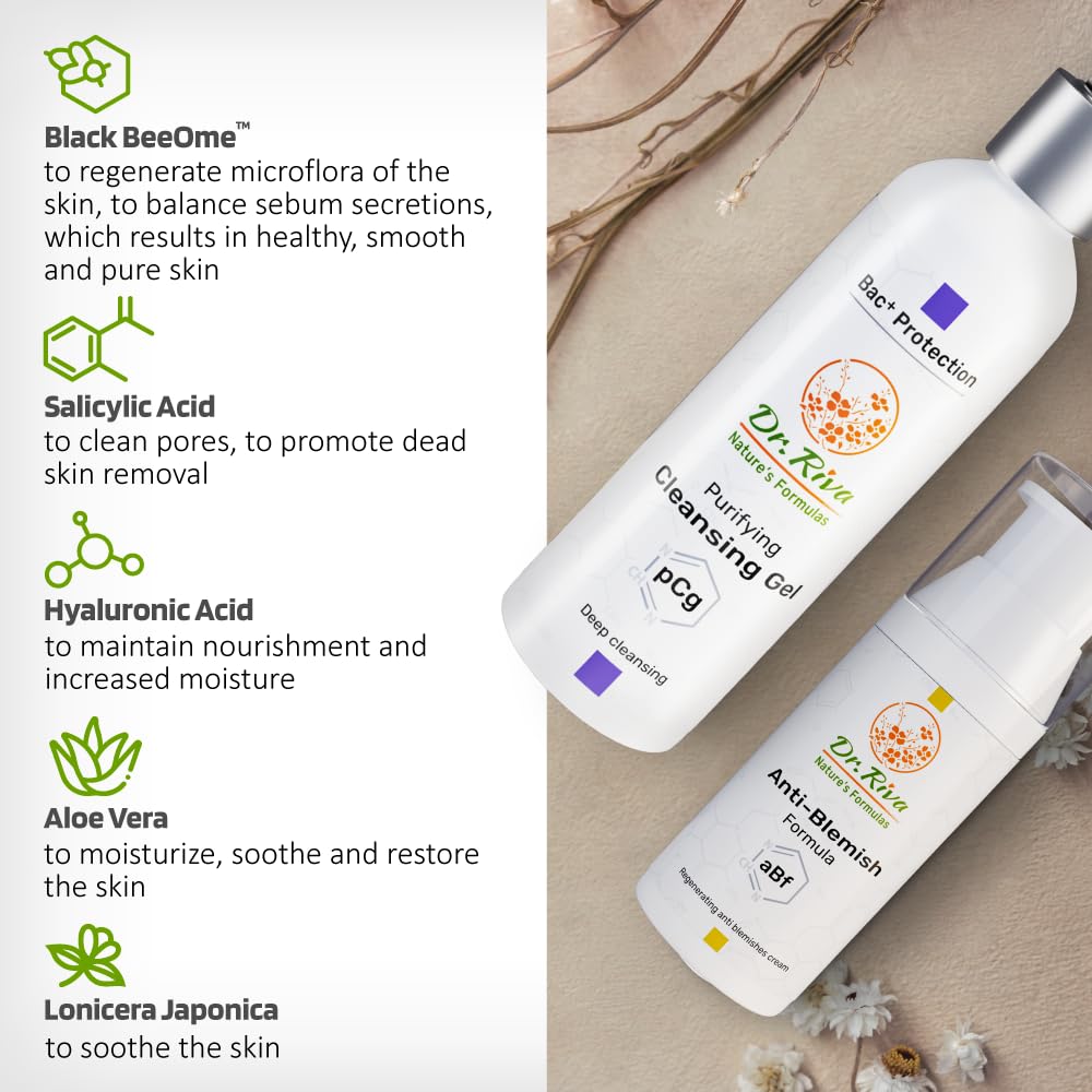 Dr. Riva Nature's Formula Regenerating Blemish Cream + Purifying Gel Cleanser - Acne Repair Blemish Removal Cream, Deep Skin Face Cleanser - Blemish Removal Cream & Skin Balancing Care - 50 ml & 150ml