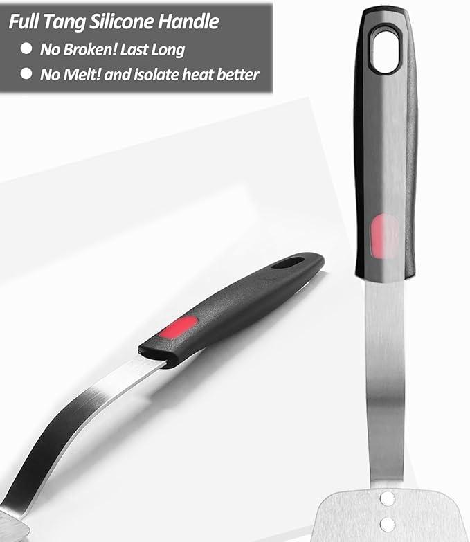 Stainless Steel Flexible Spatula Solid Turner, XiaoZu Thin Metal Spatula for Cast Iron Skillet, Thin Blade and Heat Resistant Silicone Handle, Great for Egg, Cookie, Meat, Crep, Large