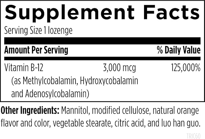Designs for Health B12 Tricobalamin Lozenges - 3000mcg Triple B12 Quick Dissolve Tablets with Methylcobalamin, Adenosylcobalamin + Hydroxocobalamin - Natural Orange Flavor (60 Lozenges)