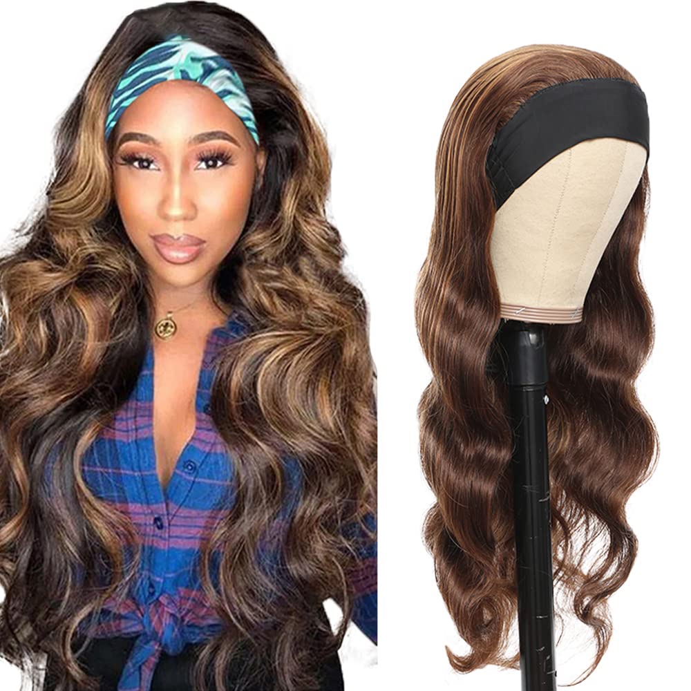 YiweYowe 22 Inch Highlight Brown Body Wave Headband Wig Human Hair No Lace Wig 150% Density Brazilian Virgin Hair Wig P4/27 Honey Blonde Wig Human Hair Grade 8A Machine Made Headband Wig