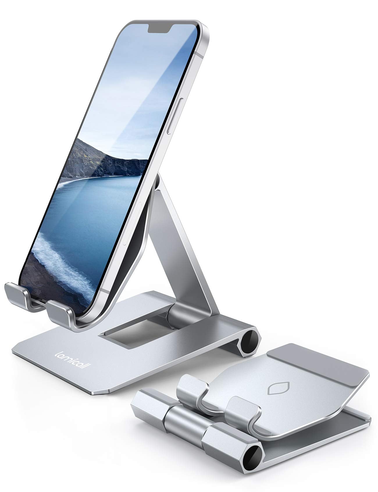 Lamicall 𝟮𝟬𝟮𝟒 𝐔𝐩𝐠𝐫𝐚𝐝𝐞𝐝 Adjustable Cell Phone Stand for Desk - Foldable Aluminum Desktop Phone Holder Cradle Dock, Compatible with Phone 15 14 13 12 Mini 11 Pro Xs (4-11'') - Grey