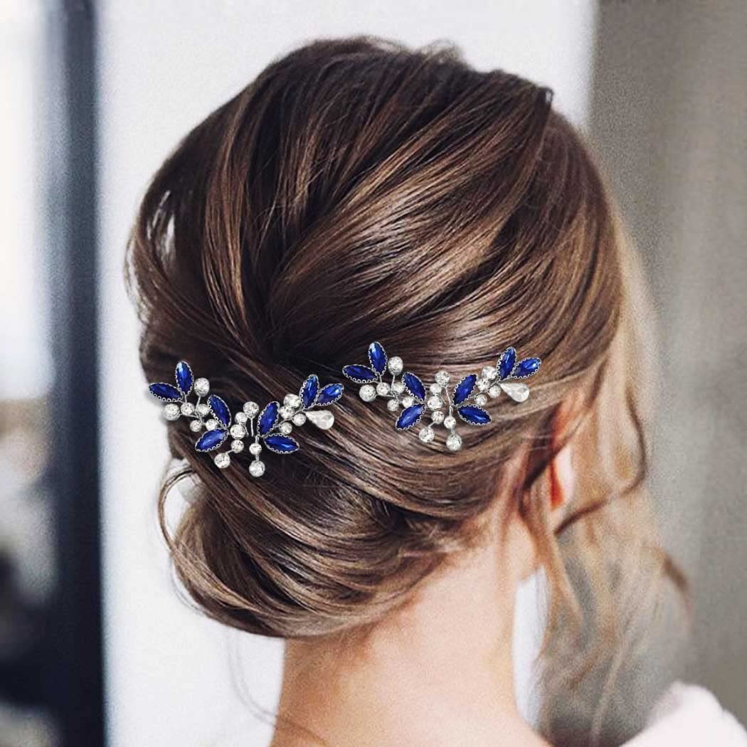 Casdre Crystal Bridal Hair Pins Rhinestone Bride Wedding Hair Piece Hair Accessories for Women and Girls (Pack of 2) (A Blue)