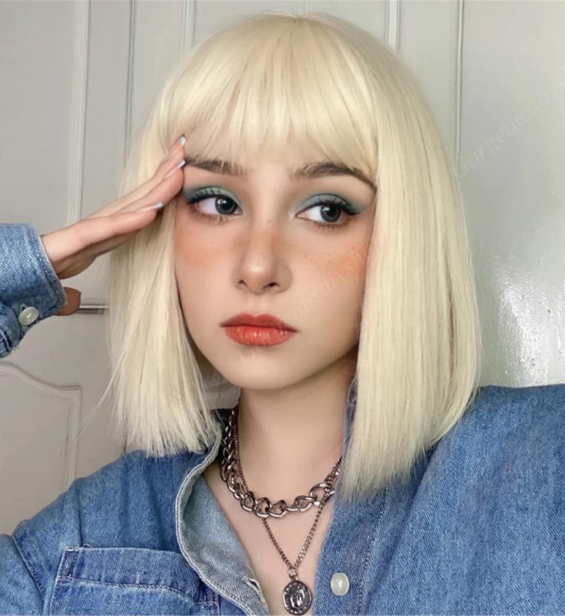LANOVA White Blonde Short Wig with Bangs, Synthetic Hair Silver Blonde Short Bob Wig 10 inch LANOVA-200