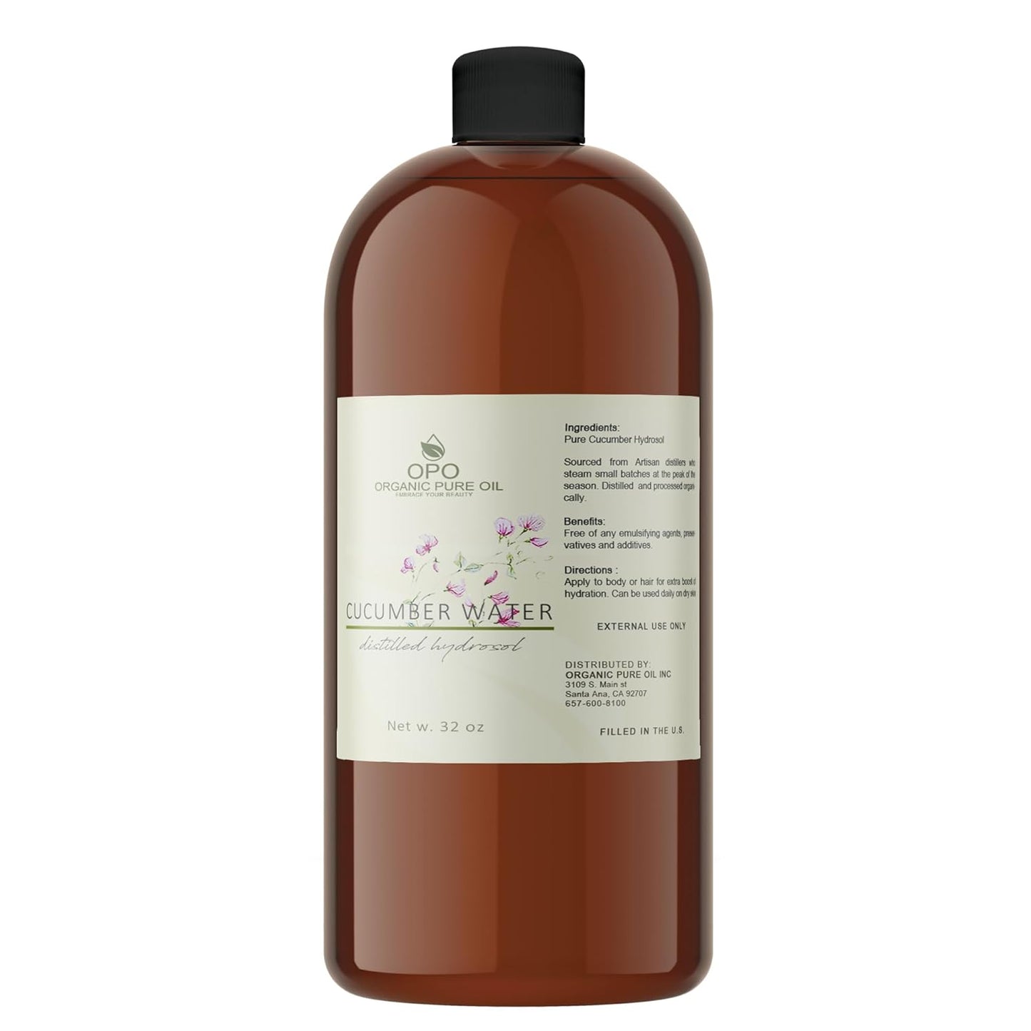 OPO Cucumber Hydrosol - Pure Steam Distilled Hydrating Floral Water Bulk Refill 32 oz - 1 Quart for Skin Hair Face, Greasy, Oily Skin Hair Locs Face Cleansing Toning Spray - Packaging May Vary