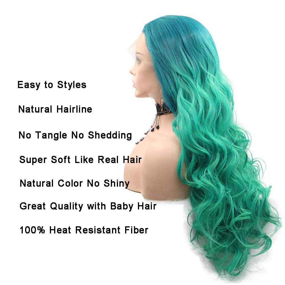 Long Green 2T Ombre Body Wave Synthetic Lace Front Wigs for Women Free Part Natural Hairline Glueless Wigs Light Green Ombre Green Body Wave Curly Heat Resistant Fiber Hair Replacement Wig Cosplay