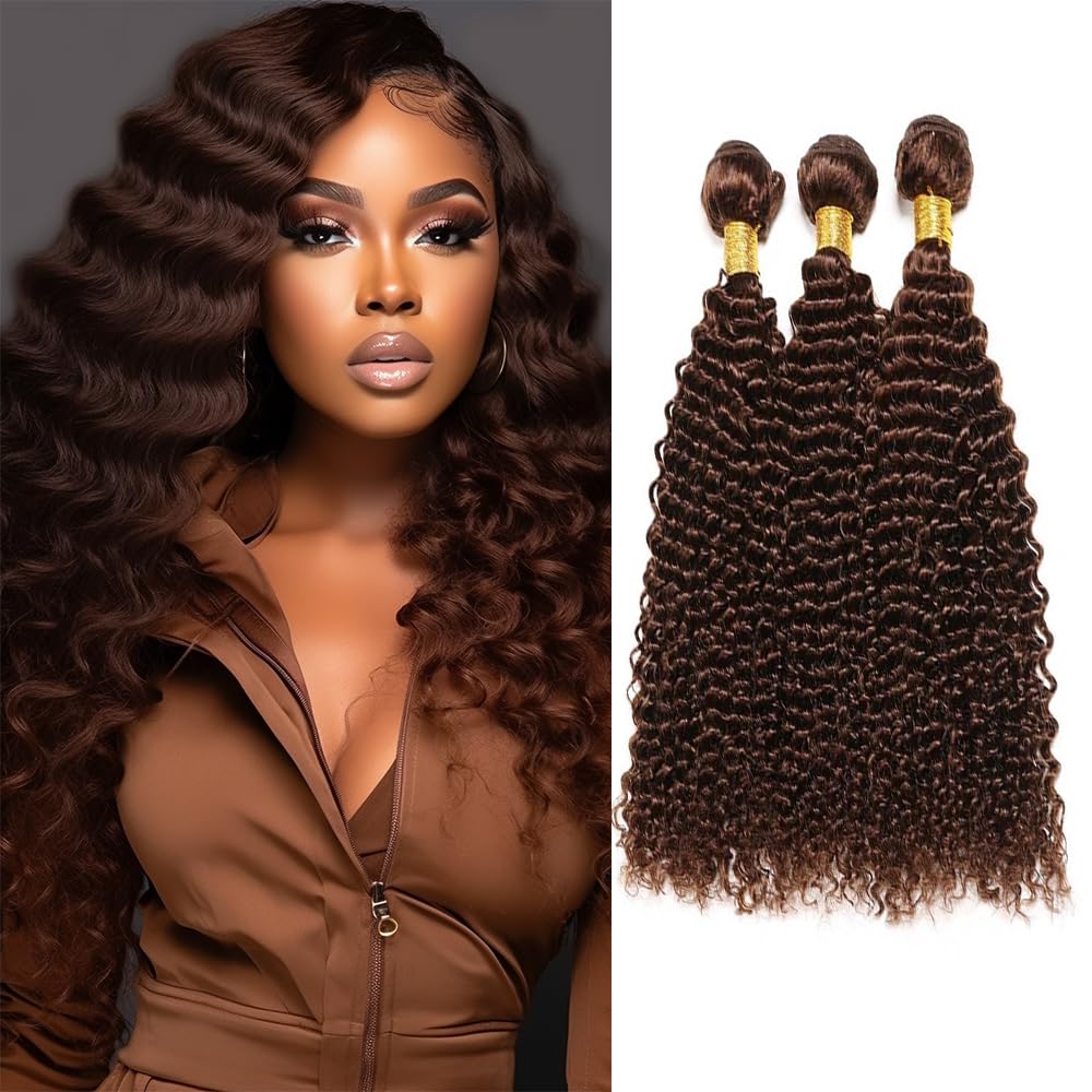 Loose Dark Brown Deep Wave Bundles #4 Human Hair Bundles Light Brown Deep Curly Bundles Double Weft Brazilian Remy Hair Extensions Wet and Wavy Bundles Silky Soft for Black Women(20 22 24 Inch)