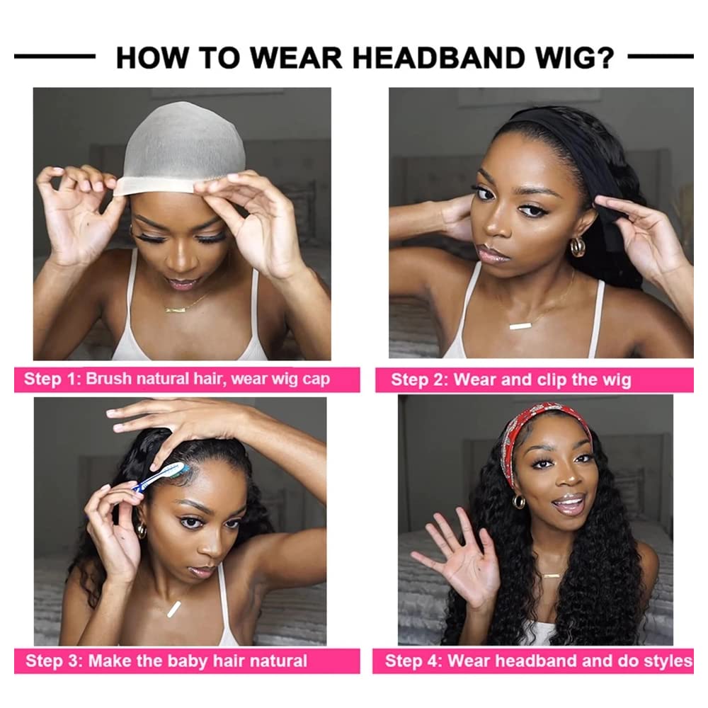 YiweYowe 26 Inch #4 Brown Water Wave Headband Wig Human Hair 150% Density Brazilian Human Hair No Lace Wig Chocolate Brown Human Hair Full Head Machine Made Half Headband Wigs