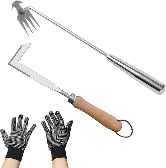 3 Pack Weed Puller Tool, Manual Stainless Steel Weeding Tool, L-Shape Crack Sickle and 4 Teeth Weeder Tool with Gloves for Lawn Vegetable Garden Farm Planting