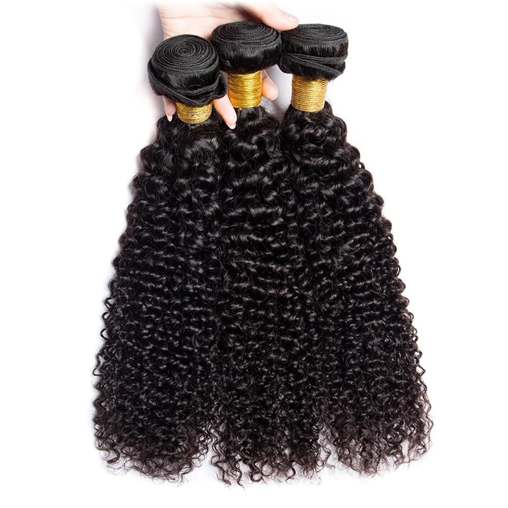 Kinky Curly Human Hair Bundles Color 1B Curly Weave Bundles Double Weft Brazilian Human Hair Weave Extensions Wet and Wavy Bundles Silky Soft for Black Women (18 20 22 inch,3 Bundles)