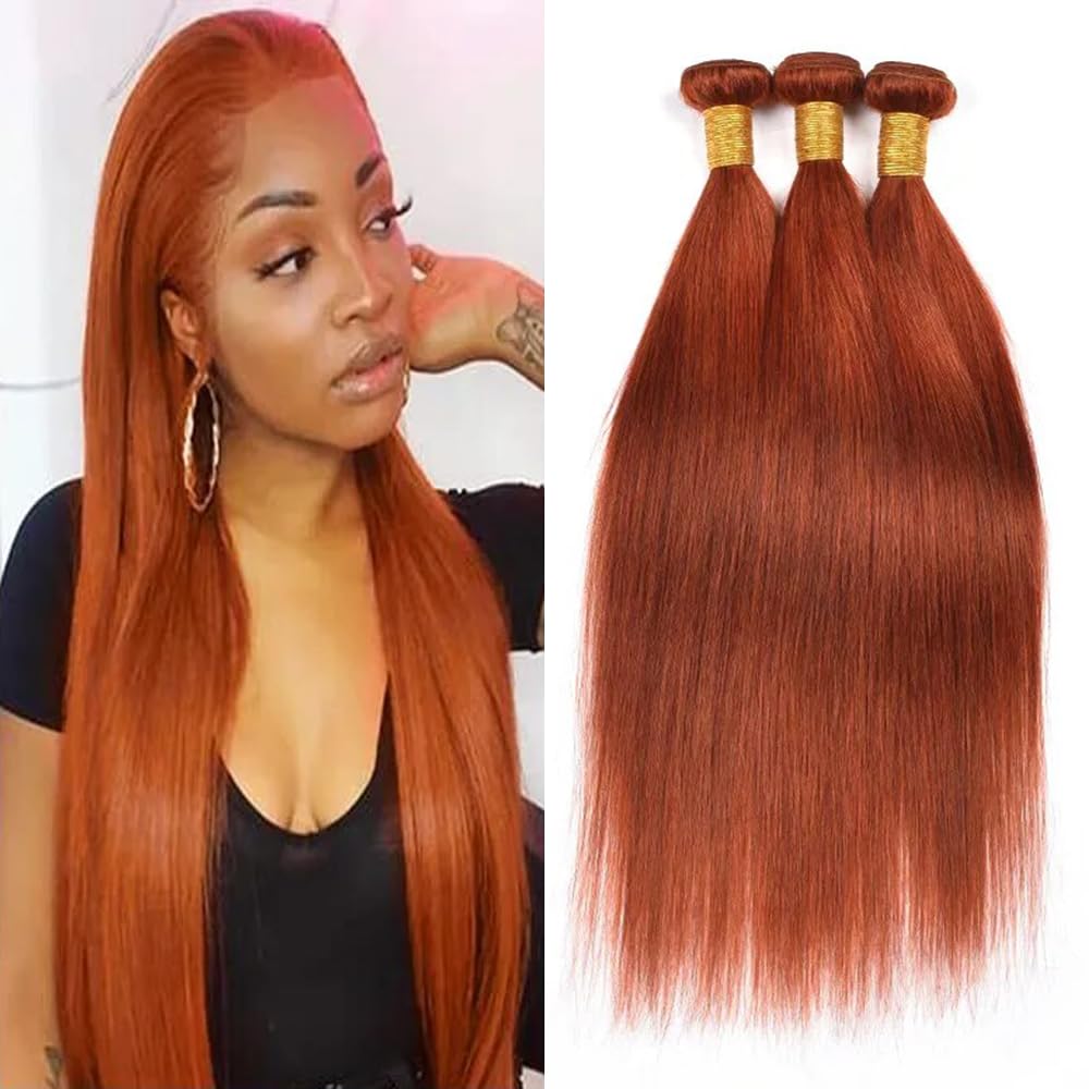 Ginger Orange Straight Bundles Color 350 Human Hair Bundles Ginger Hair Straight Bundles Double Weft Remy Hair Soft and Silky Weave Extensions Bundles for Black Woman (24 24 24 inch,3 Bundles)