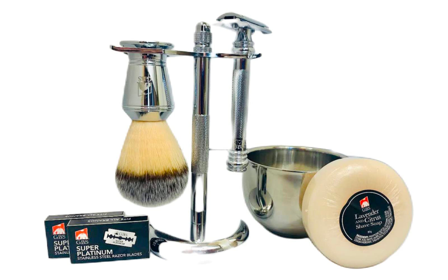 G.B.S Men's Shaving Set- Double Edge Safety Razor MK 38 Made in Soligen Germany, Shaving Brush, Dual Stand, Chrome Shaving Bowl, Natural Shave Soap, Double Edge Safety Razor Blades