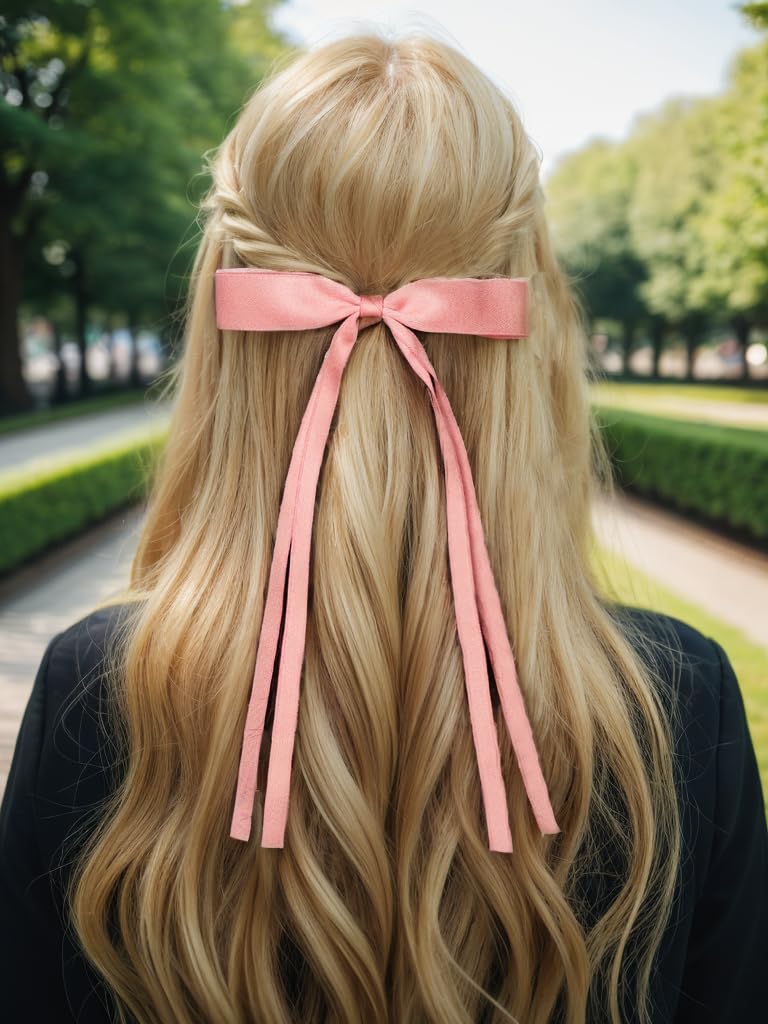 LFOUVRE Hair Accessories, Pink Ribbon Bows with Long Tassels for Hair, Hair Clips for Women and Girls, 4pcs
