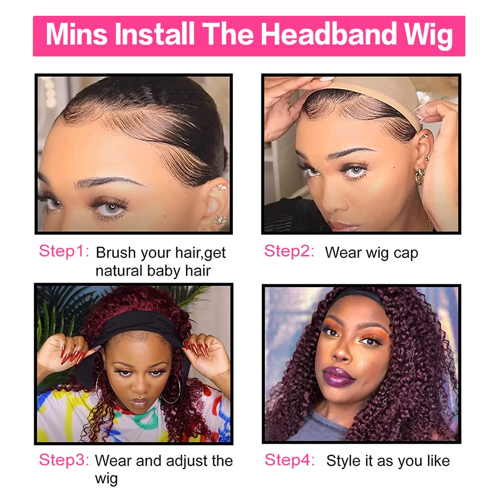 YiweYowe 30 Inch 1B99J Red Headband Wig Human Hair Burgundy Deep Wave Headband Wigs Two Tone Ombre Human Hair Wigs 150% Density Grade 8A Unprocessed Virgin Hair Wigs Headband Wig Wine Red Color