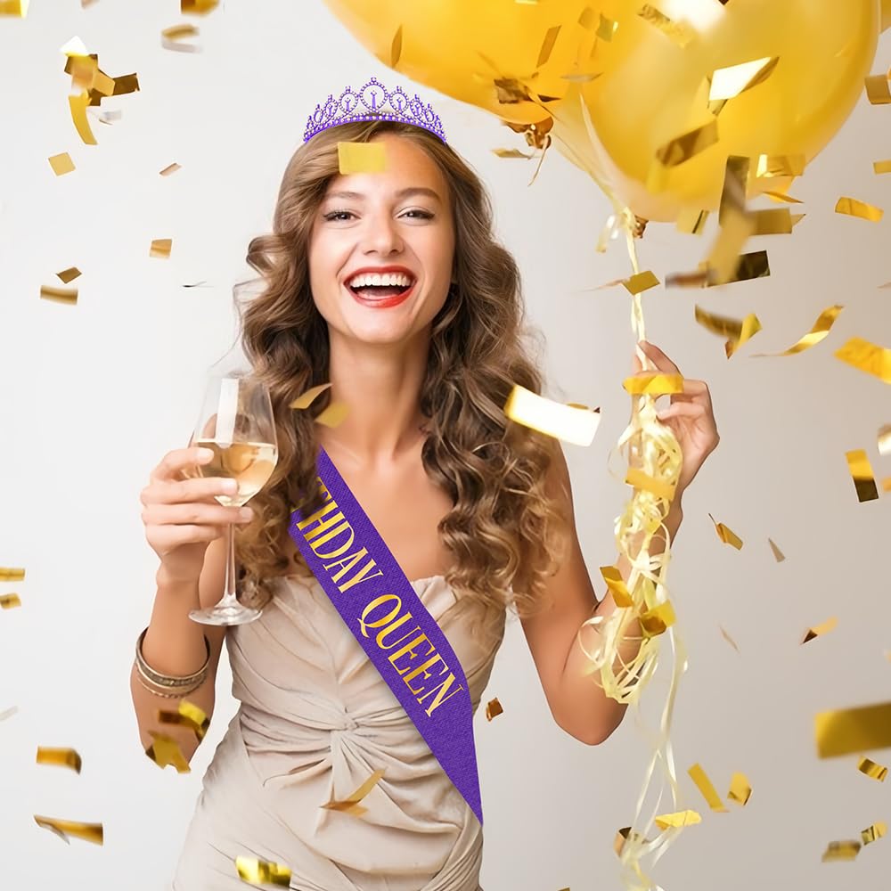 Birthday Sash and Crown for Women,Happy Birthday Sash for Women,Birthday Queen Sash and Crown,Purple Birthday Decorations,Happy Birthday Decorations for Women,Birthday Crown Adult Woman,Birthday Tiara