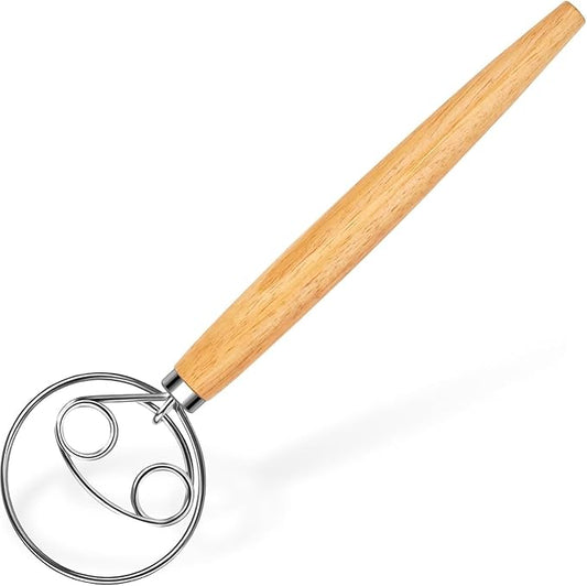 Danish Dough Whisk and Dough Hook - Stainless Steel Dutch Style Wooden Handle for Sourdough, Bread, Pastry Dough Mixing Tools