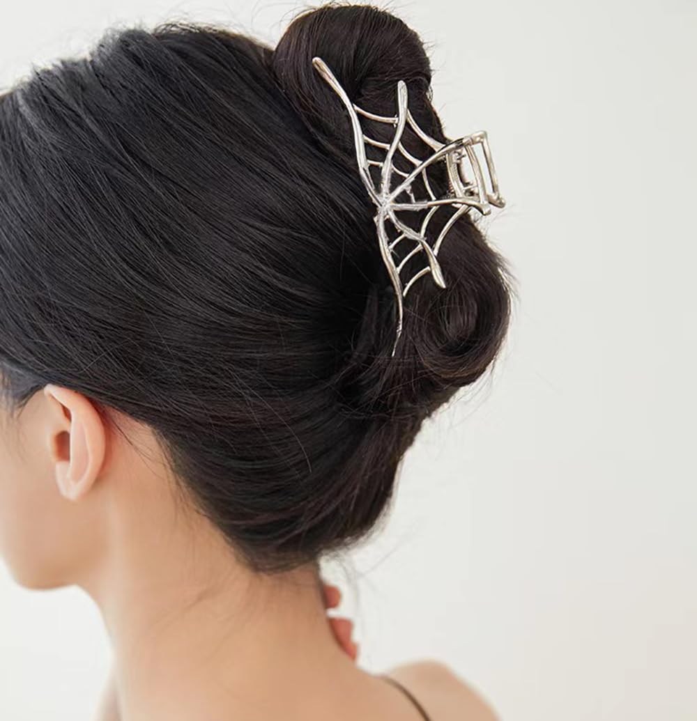 Metal Silver Hair Claw Clips - Spider Web Design for Thick or Thin Hair, Strong Hold for Cosplay Party Accessories (1Pc)