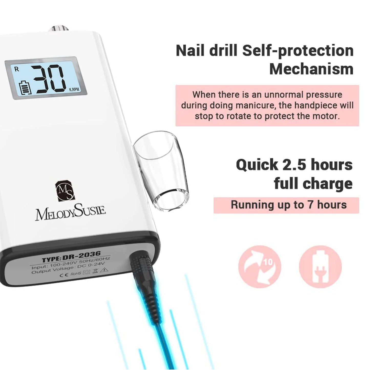 MelodySusie Professional Rechargeable 30000 RPM Nail Drill with Professional Tapered Nib Nail Drill Bit