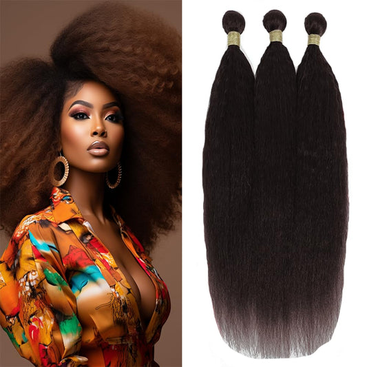 Dark Borwn Yaki Straight Bundles Human Hair Light Brown Kinky Straight Bundles Double Weft Brazilian Human Hair Weave Extensions Wet and Wavy Bundles for Black Women (24 26 28 inch)