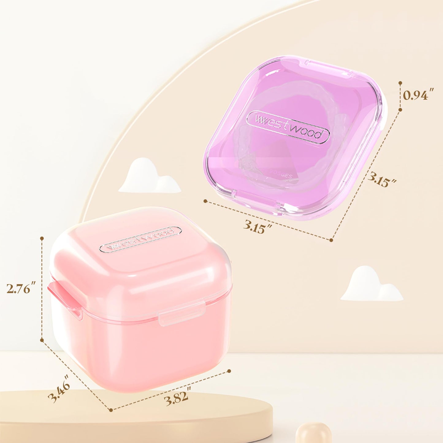HyJeryty Pink Denture Cup Denture Case, Retainer Cleaner Case, Pretty Night Mouth Guard Holder Box, Storage Soak Container with Drain Basket for Home Travel Cleaning